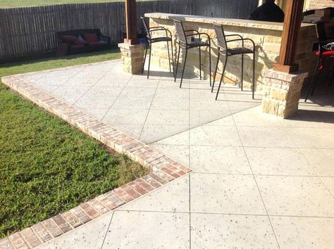 Brick border, scored concrete Patio With Brick Border, Salt Finish Concrete, Poured Concrete Patio, Brick Border, Patio Edging, Inground Pool Designs, Country Garden Design, Cement Patio, Concrete Walkway