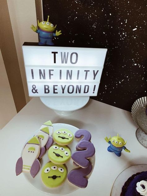 Kenzie Renea Two Infinity And Beyond Birthday Buzz, Toy Story Second Birthday Party Ideas, Buzz Birthday Party Ideas, Two Infinity And Beyond Birthday Ideas, Disney 2nd Birthday Boy, Disney Boy Birthday Party, 2nd Birthday Theme Ideas For Boys, Buzzlight Year Birthday Theme, Two Infinity And Beyond Cookies