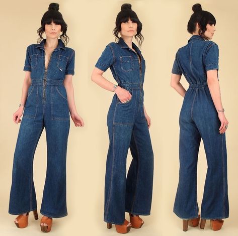 70s Jumpsuits For Women, Coverall Outfit Women, 70s Denim Jumpsuit, Coverall Outfit, 70s Jumpsuit, 70s Denim, 70s Clothing, 70s Inspired Fashion, 70’s Fashion