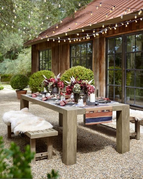 Americana—Rich patterns and bold colors. Heritage designs. Casual and familiar. Tap our link in bio to explore our Fall Lookbook! Wooden Garden Table, Faux Hydrangea, Patio Inspiration, Construction Crafts, Outdoor Cover, Pottery Barn Teen, Rectangular Dining Table, Garden Table, Outdoor Dining Table