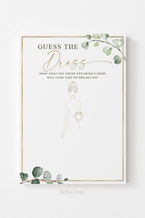 White And Greenery Bridal Shower Ideas, White And Gold Bridal Shower Ideas, Bridal Shower Greenery Theme, Greenery Bridal Shower Ideas, Bridal Shower Greenery, Guess The Dress, Game Hens, Engagement Party Games, Hens Party Invitations