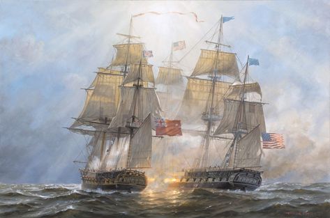 The USS Constitution vs HMS Guerriere — J. Russell Jinishian Gallery Tall Ships Art, Maritime Painting, Marine Artist, Navi A Vela, Uss Constitution, Sea Battle, Old Sailing Ships, Clipper Ship, Maritime Art