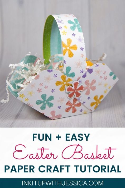 Here’s an idea I’ve been sharing at my Stampin’ Up! workshops for years… how to make your own card stock DIY Easter Baskets! They are super easy to make and you can decorate them from fun to elegant and anywhere in between. Learn how to make this fun paper craft tutorial on my card making blog! Crafts Anime, Paper Easter Basket, Simple Easter Baskets, Diy Easter Cards, Diy Easter Basket, Easter Baskets To Make, Paper Baskets, Easter Paper Crafts, Easter Basket Crafts