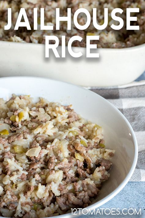 Jailhouse Rice | 12 Tomatoes Jailhouse Rice, Rice Receipes, Tomatoes Recipes, Recipes Rice, Homemade Buns, Mushroom Rice, Rice Casserole Recipes, Dirty Rice, Hamburger Casserole