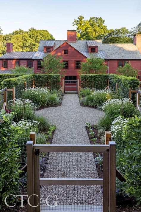 Historic Garden Design, English Garden Hedges, Cool Garden Design, Cottage Garden With Greenhouse, James Farmer Garden, British Vegetable Garden, New England Cottage Garden, English Kitchen Garden, Vegetable Garden In Front Yard