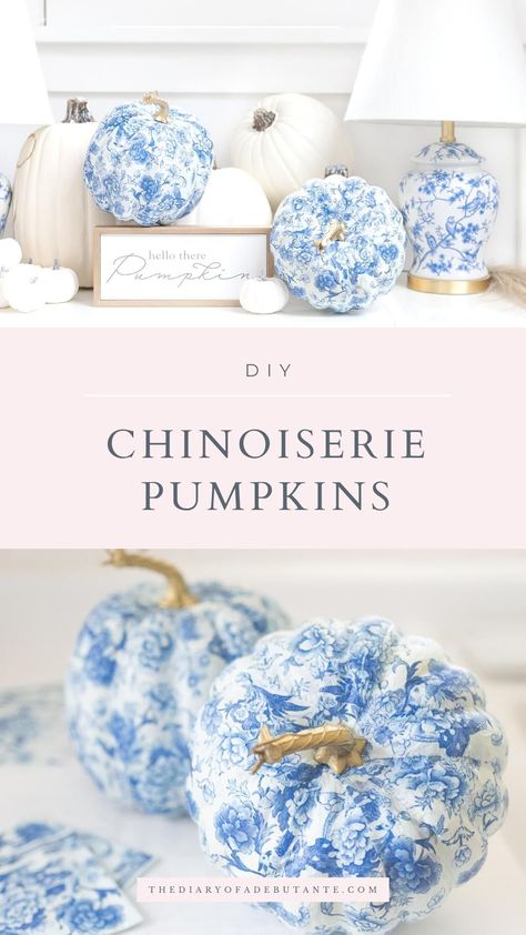 Chinoiserie Pumpkin Diy, Pumpkin Decopauge, Fall Decoupage, Blue And White Pumpkins, Diy Chinoiserie, Chinoiserie Prints, Decoupage Pumpkins, Chinoiserie Pumpkins, Craft Pumpkins