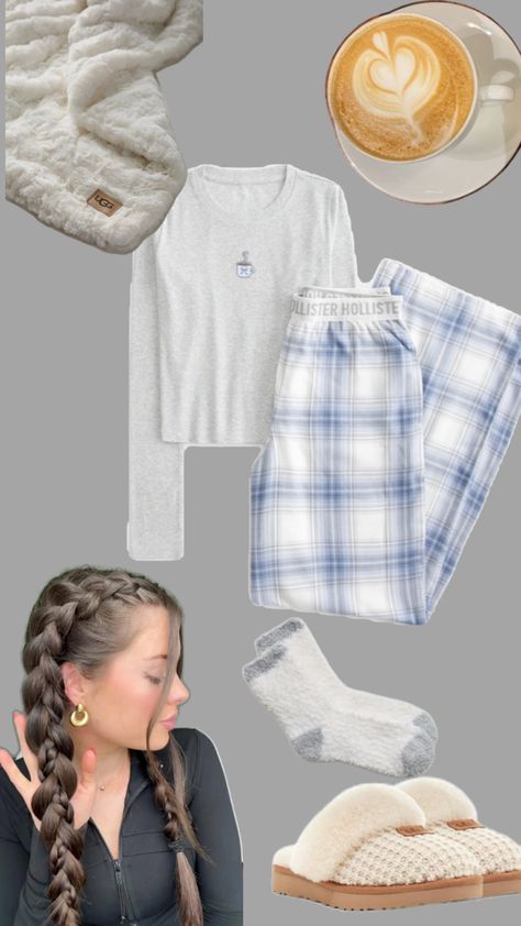 cozy outfit, pajamas, coffee, morning, night, pjs, hollister, ugg, blanket, braids, pajama day, comfy outfit, winter outfit, christmas eve, christmas morning Pajama Ideas Aesthetic, Pjs School Outfit, Christmas Pajama Aesthetic, Pajamas Ideas Outfit, Pajamas Aesthetic Winter, Hollister Pjs, Pijama Day At School Outfits, Pyjamas Aesthetic Winter, Pajama Day Outfits