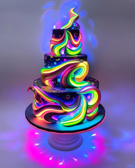 Neon cakes 🎂🎂🎂 would you have this on your bday or wedding 👀 #neon #cake #wedding #party Glow Theme Party Cake, Neon Party Cake Ideas, Neon Bday Cake, Glow Party Birthday Cake, Glow In The Dark Cake Ideas, Neon Cakes Glow Birthday Parties, Glow Party Food Ideas, Black Light Cake, Neon Cake Ideas