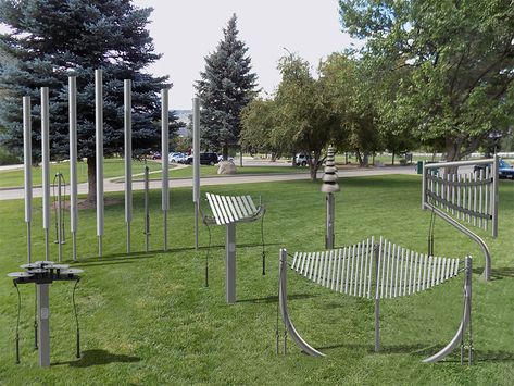 Outdoor Musical Instruments, Music Garden, Sound Sculpture, Playground Games, Outdoor Music, Park Playground, Public Sculpture, Playground Equipment, Kids Playground