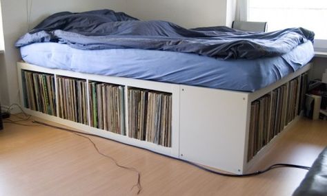 ikea-hacks-for-vinyl-lovers Bed Blueprints, Platform Bed Diy, Unusual Beds, Ikea Bed Hack, Cama Ikea, Ikea Kallax Shelf, Ikea Apartments, Dj Room, Murphy Bed Ikea