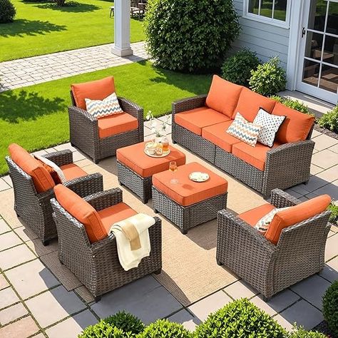 Patio Furniture Set, 7 Pieces Outdoor Wicker Rattan Sofa Couch with 4 Chairs, Ottomans and Comfy Cushions, All Weather High Back Conversation Set Garden Backyard, Brown Rattan Red Cushions
A versatile patio set:This patio furniture set includes 1 x 3-seat sofa, 4 x single chair, 2 x ottomans, providing ample seating for up to 9 people. Stylish and modern design that complements any outdoor decor. Whether you're hosting a family gathering, enjoying a drink with friends, or simply lounging outdoors with a good book, this practical patio conversation set always is the perfect addition to your outdoor space
Unbeatable level of comfort:Each seat is fitted with a 3.54" thick seat cushion that's paired with soft and supportive 17" back cushions, providing excellent support for your body and ensur Fire Pit Chairs, Conversation Sofa, Furniture Sofa Set, Patio Sofa Set, Outdoor Patio Furniture Sets, Red Cushions, Assembly Instructions, Outdoor Retreat, Fire Pit Table