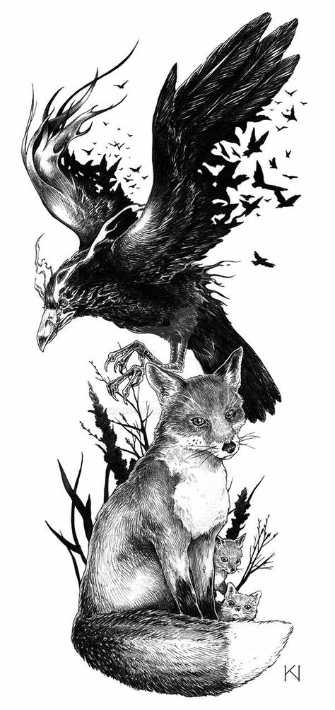 Fox And Raven Art, Fox And Raven Tattoo, Fox And Crow Tattoo, Wolf Fox Tattoo, Black Fox Tattoo, Fox And Raven, Raven Tattoo Design, Fox Helmet, Fox And Crow