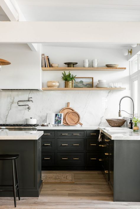 Studio Mcgee Open Shelving Kitchen, Modern Kitchen With Open Shelves, Studio Mcgee Dark Kitchen, Non White Cabinet Kitchen, Shelves By Hood In Kitchen, Dream Home Makeover Studio Mcgee Kitchen, Studio Mcgee Open Shelving, Mixed Materials Kitchen, Kitchen Inspo Dark Cabinets