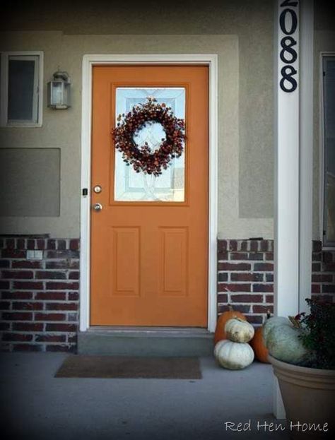 Can't find the original BHG pic, but that's my inspiration too... Orange Front Doors, White Front Door, Better Homes And Gardens Magazine, Behr Colors, Orange Door, Red Hen, Porch Entry, Furniture Refinishing, Front Door Colors