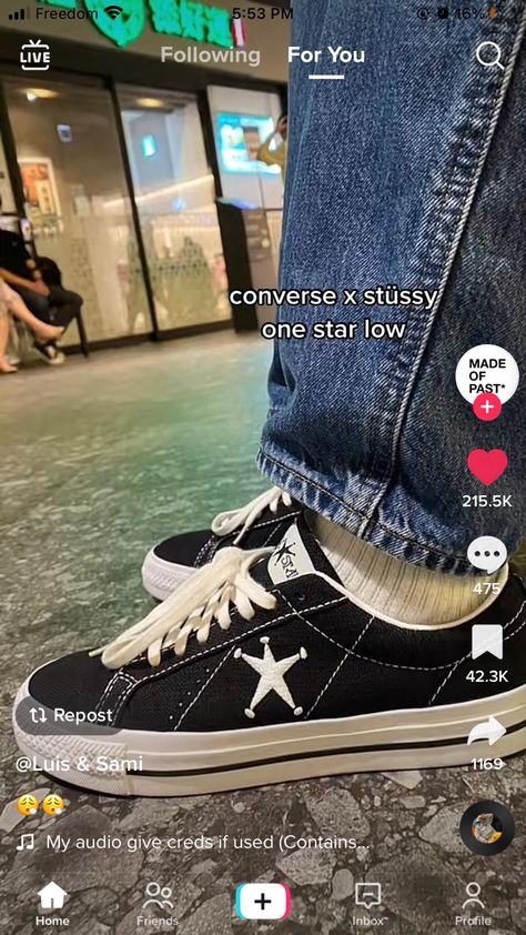 Converse One Star Outfit, Stussy Sneakers, Converse X Stussy, Stussy Shoes, Stussy Converse, Black Cat Aesthetic, Jordan 4s, Funky Shoes, Converse One Star