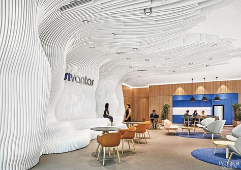 Sivantos Group's Singapore Headquarters by PLH Arkitekter.  In the reception area, linoleum flooring leads back to the pantry. Eames Side Chair, Bleacher Seating, Work Cafe, Building Development, Office Lobby, Interior Design Singapore, Glazed Ceramic Tile, Linoleum Flooring, Design Del Prodotto