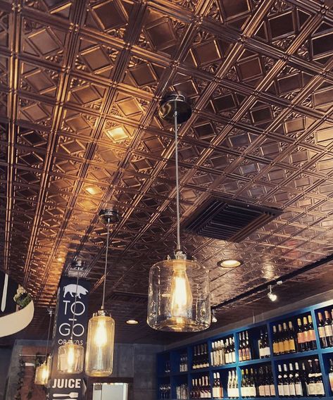 Bar Ceiling Design, Rustic Tin Ceilings, Man Cave Ceiling Ideas, Whiskey Library, Unique Ceiling Ideas, Celing Light, Tin Ceilings, Faux Tin Ceiling, Salt Room