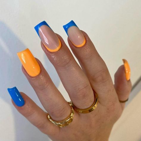 40+ Cute Orange and Blue Nail Designs To Try; square nails! This includes blue orange nail designs, orange and blue gel, orange and blue nail designs summer, orange and blue nails, blue and orange nails, orange and blue nails acrylic, orange and blue nails design & more! This also includes orange and blue nails summer, orange and blue nails ideas, orange and blue nail art, orange and blue nail ideas, orange nails, orange nails acrylic, blue nails acrylic & more! #orangeandbluenaildesigns Blue Prom Nails, Blue Nail Art Designs, Blue And White Nails, Royal Blue Nails, Blue Gel Nails, Orange Nail Designs, Fake Nails Long, Builder Gel Nails, Cute Simple Nails