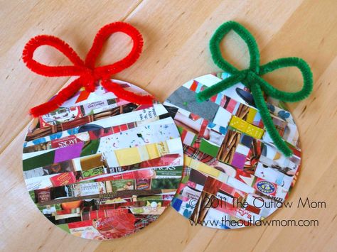 recycle magazines to make ornaments  Christmas Activities for Toddlers Kids Crafts Ornaments, Recycled Christmas Decorations, Christmas Activities For Toddlers, Artsy Crafts, Kids Ornament, Ornaments Crafts, December Activities, Recycled Magazine, Reindeer Games