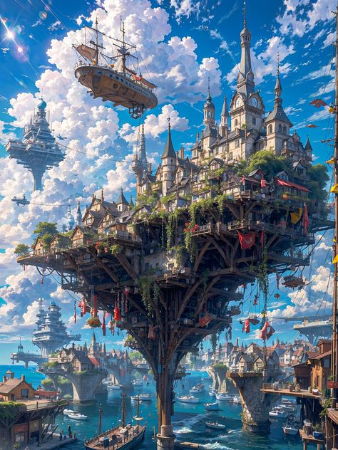 Mythical World Aesthetic, World Building Art, Sky Kingdom, Sky City, Soyut Sanat Tabloları, Fantasy Theme, Pretty Images, City Illustration, Fantasy Castle