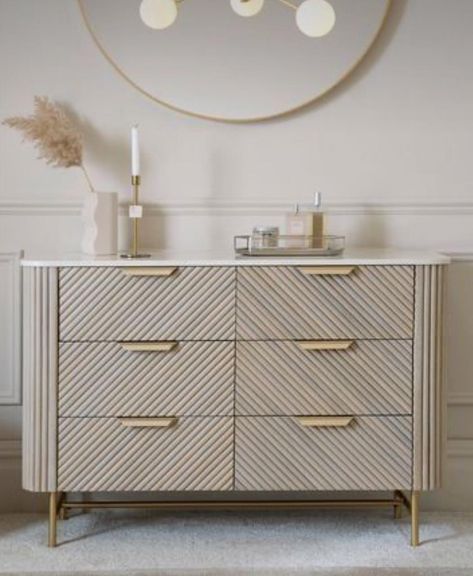 Art Deco Chest Of Drawers, Chest Drawer Decor Ideas Living Room, Bedroom Chest Of Drawers Decor, Bedroom Chest Of Drawers Styling, Cream And Gold Bedroom Ideas, Dresser Ideas Bedroom, Chest Of Drawers Bedroom Modern, Chest Of Drawers Living Room, Chest Of Drawers Decor