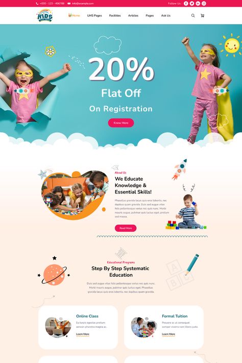 Kidscool is a versatile WordPress theme designed for children, kids, and schools. With its user-friendly interface and comprehensive features, including course management, event calendars, and student profiles, Kidscool makes it easy to create an immersive online learning environment. The theme is fully responsive and customizable, allowing you to create a site that reflects your brand and personality. Kids Website Design Inspiration, Kids Website Design, Kindergarten Website, Playful Website Design, Kid Background, Kids Learning Apps, College Information, Website Design Inspiration Layout, Kids Web