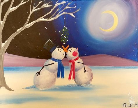 Painting With A Twist, Moonlight Painting, Christmas Paintings On Canvas, Painting Party, Snowman Painting, Holiday Painting, Winter Painting, Canvas Painting Diy, Christmas Canvas