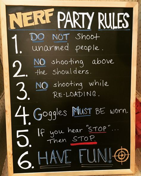 Nerf party rules Kids Nerf Birthday Party, Nerf Themed Birthday Party Games, 8th Boy Birthday Party Ideas, 5th Birthday Party Activities, Backyard Nerf Battlefield, Nerf Wars Birthday Party, Fortnite Nerf Birthday Party, Boy 11th Birthday Party Ideas, Nerf Games Indoor