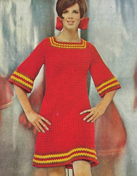 Crochet Pattern Vintage, Vintage Crochet Dresses, Crochet Sweater Dress, 60s And 70s Fashion, Knit Ideas, 70s Aesthetic, Crochet Wedding, Vintage Crochet Pattern, Crochet Vintage