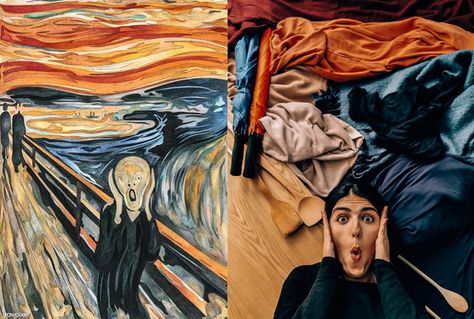 Re-creation: @wanderwithnada Easy Famous Paintings, Edvard Munch The Scream, Screaming Drawing, Munch The Scream, Art Parodies, The Getty Museum, Sistine Madonna, Ib Art, Social Media Challenges