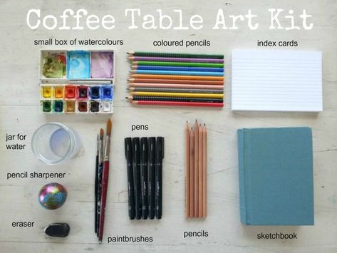 Not having an art studio is no reason not to make art! Here are some simple ideas to create your own coffee table art kit, for use when watching Netflix. Coffee Table Art, Art Journaling Supplies, White Sharpie, Travel Art Kit, Watercolor Pans, Art Supplies Storage, Travel Art Journal, Travel Sketchbook, Color Drawing Art