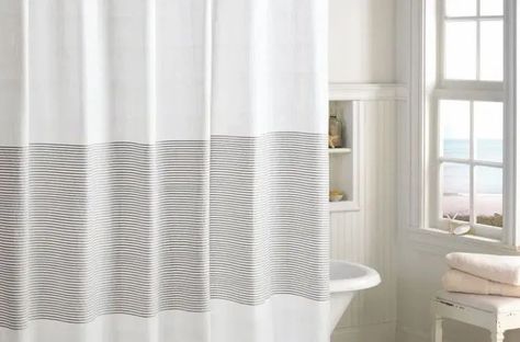 Bathroom Updates at Betterafter50.com Stripe Shower Curtain, Farmhouse Shower Curtain, Industrial Style Bathroom, Farmhouse Shower, Cotton Shower Curtain, Tassel Curtains, Striped Shower Curtains, Stylish Curtains, Shower Liner