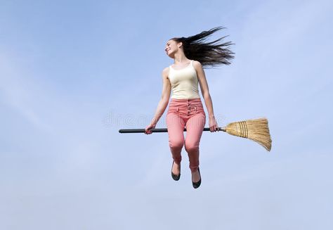 Woman flying with broom stock photo. Image of flying - 31684154 Riding Broom Pose, Broom Pose, Woman Flying, Sky Images, Anatomy Poses, Low Angle, Female Anatomy, Drawing Poses, Figure Drawing