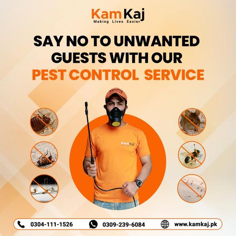 From rodents to roaches, we're dedicated to your pest-free satisfaction. Choose us for expert pest control and enjoy a worry-free space. Book Now: https://www.kamkaj.pk/p/pest-control-services Call us now: 0304-111-1526 WhatsApp: 0309-2396084 Play Store: https://bit.ly/2NclU5o App Store: https://apple.co/38BmLEr #PestControl #PestFree #BugBusters #HomeProtection #PestTerminators #InsectControl #RodentRemoval #PestPrevention #HealthyHome #HealthyOfficeSpace #SafeLiving #PestManagement Pest Control Logo, Fumigation Services, Pamphlet Template, Pest Prevention, Household Pests, Barbershop Design, Rodent Control, Bug Control, Pest Management