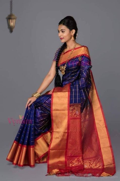 Kuppadam Pattu Sarees, Asian Traditional Clothes, Sleeveless Blouse Designs, Different Types Of Sarees, Kuppadam Sarees, Uppada Pattu Sarees, Uppada Sarees, Blue Silk Saree, Saree Blouses Designs