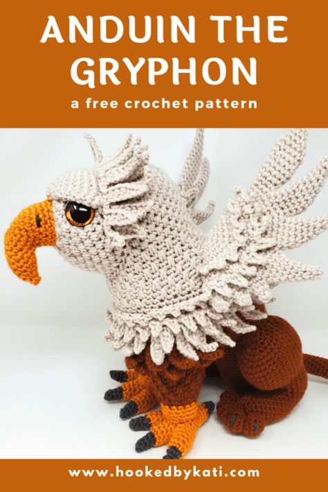 Griffin Crochet Pattern, Hooked By Kati, Crochet Mythical Creatures Free Pattern, 2d Crochet Patterns, Crochet Gargoyle, Crochet Griffin, Free Bird Crochet Pattern, Crochet Mythical Creatures, Harry Potter Crochet Patterns Free