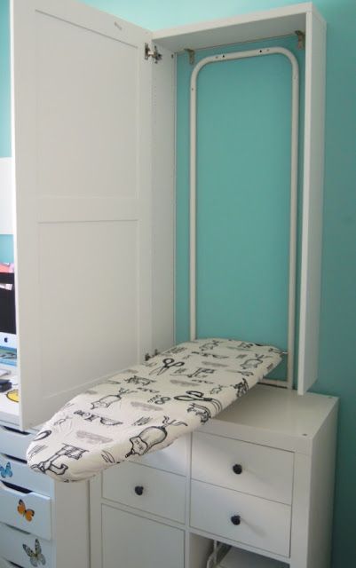 Ironing board cabinet - hang our over the door iron on the wall instead of the the door. Ikea Ironing Board, Inspiration Dressing, Ironing Board Cabinet, Camera Studio, Door Iron, Billy Regal, Diy Sewing Table, Ironing Boards, Sewing Room Design