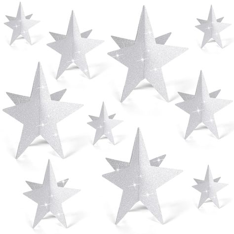 PRICES MAY VARY. Package Includes: the package contains 35 pieces of 3D star party table decorations in 3 size include 10 pcs 8 inches, 10 pcs 5 inches, 15pcs 3 inches, that you can assemble and decorate yourself by DIY, matching the color scheme and theme of your event Material and Stylish Colors: dive into the world of fun with our star decorations, masterfully crafted with 300g cardboard material for durability; Our star centerpieces come in vibrant hues of glitter silver that set the stage f Space Birthday Party Centerpiece, Star Table Decorations, Midnight Theme Party, Night Party Decorations, Movie Night Party Decorations, Birthday Party Table Decor, Star Centerpieces, Birthday Party Table, Party Table Decor