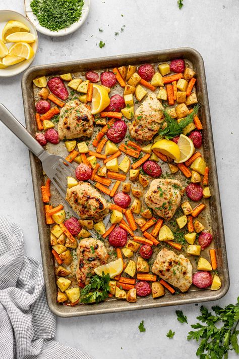 Lemon Dijon Sheet Pan Roasted Root Veggies + Chicken Thighs Natural Nurturer, Roasted Root Veggies, Potatoes Roasted, Chicken Thighs Recipe, Carrots Potatoes, Roasted Radishes, Thighs Recipe, Sheet Pan Chicken, Root Veggies