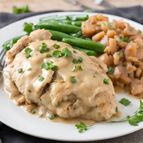 Best Smothered Chicken Recipe Craig Claiborne Smothered Chicken, Soul Smothered Chicken, Best Smothered Chicken Recipe, Smothered Chicken Recipe, Smothered Chicken Recipes, Creamed Onions, Smothered Chicken, Onion Gravy, Sauteed Spinach