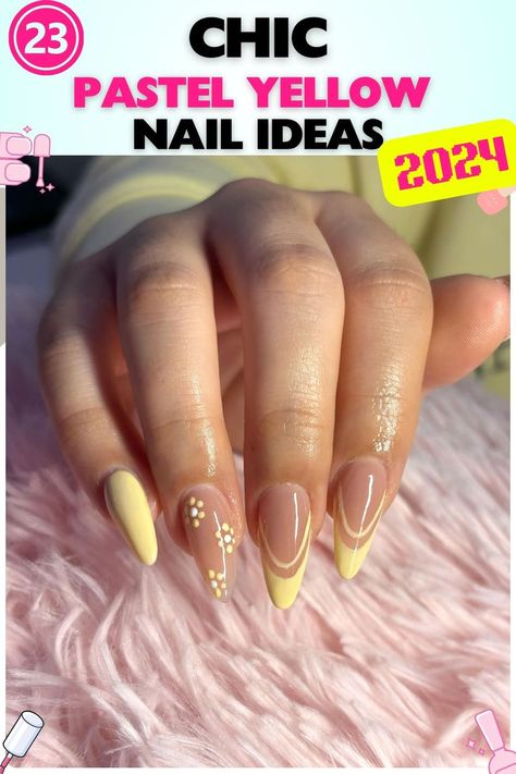 Almond-shaped nails with pastel yellow base, floral accents, gel material, medium length, fresh and vibrant design, ideal for spring and summer, pastel yellow nails, adds a feminine touch. Pastel Yellow Nail Ideas, Pastel Yellow Nails, Yellow Nail Ideas, Yellow Nail Designs, Yellow Nails Design, Yellow Nail, Shaped Nails, White French Tip, Almond Shaped