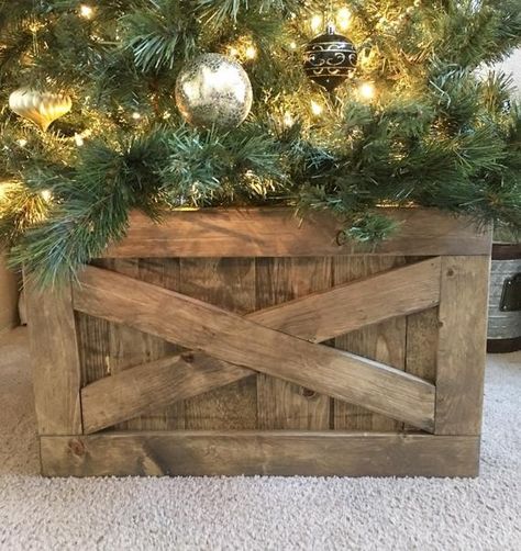 Christmas Tree Stand Collars You'll Love in 2019 - Hide Ugly Metal Pole Farmhouse Tree Skirts, Box Skirt, Christmas Tree Box Stand, Christmas Tree Wooden, Holiday Tree Skirts, Christmas Tree Box, Faux Christmas, Tree Box, Tree Collar