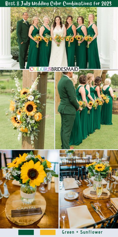 Sunflower Wedding Gown, Yellow And Emerald Wedding, Red Green Yellow Wedding Theme, Wedding Ideas Sunflowers Color Schemes, Yellow And Dark Green Wedding, Emerald Green Sunflower Wedding, Emerald And Yellow Wedding, Sunflower Themed Wedding Color Combos, Emerald And Sunflower Wedding