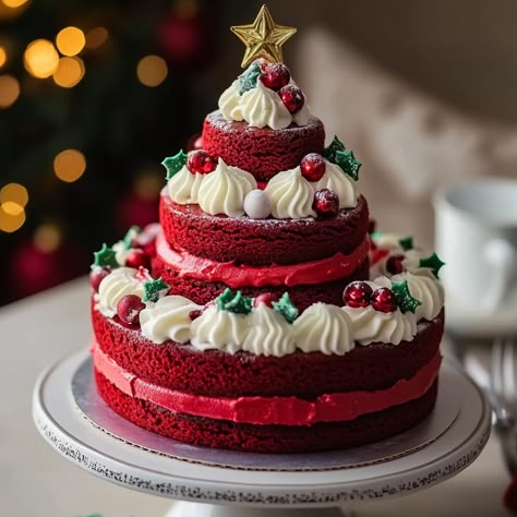 Festive Red Velvet Christmas Tree Cake Recipe Red Velvet Tree Cake, Red Velvet Cake For Christmas, Christmas Tree Cake Recipe, Christmas Red Velvet Cake, Red Velvet Christmas Cake, Red Velvet Christmas Tree, Red Velvet Birthday Cake, Velvet Tree, Velvet Christmas Tree