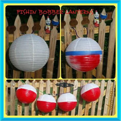 Fishing party, bobber lanterns Fishing Theme Party, Fishing Themed Birthday Party, Baby Shower Fishing, Fishing Birthday Party, Adoption Party, Fishing Party, Fishing Birthday, Shower Bebe, Terraria