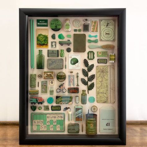 Art With Glass Pieces, Unique Framing, Green Artwork, Memory Boxes, Shadow Box Art, Composition Design, Vintage Objects, Assemblage Art, Children's Toys