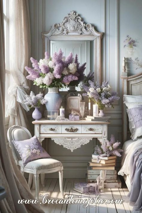 how to create a Cohesive Home with French Farmhouse Lavender Decor – Brocante Ma Jolie Lavender Bedrooms, Lavender Bathroom Decor, French Country Color Palette, Bathroom French, French Glam, Bed Inspiration, Lavender Theme, French Room, Lavender Bedroom