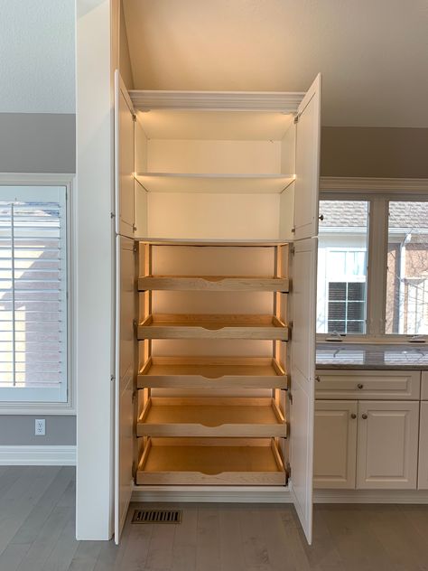 Pantry Lights Ideas, Pantry Shelf Lighting, Pantry Pull Out Shelves Organization, Hall Closet Pantry, Pantry Lighting Ideas, Pantry With Pull Out Shelves, Pantry Lights, Hallway Pantry, Small Walk In Pantry