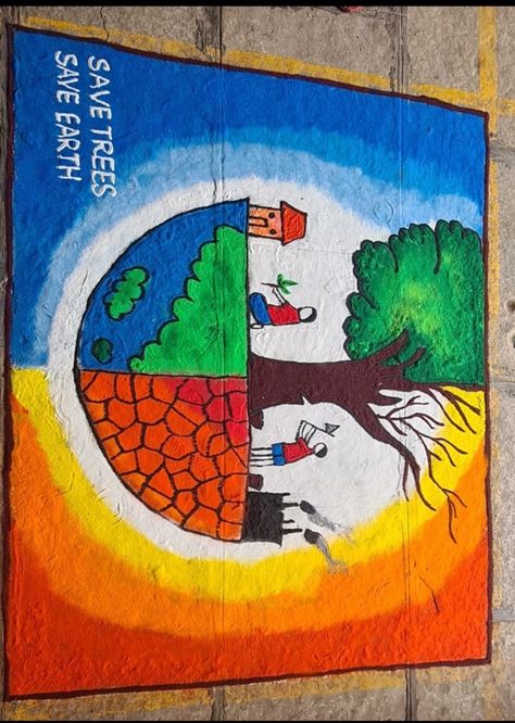 Save Earth Drawing Easy, Save Earth Rangoli, Environmental Day Drawing, Theme Based Rangoli For Competition, Poster On Pollution, Save Energy Paintings, Earth Art Drawing, Save Tree Save Earth, Easy Nature Drawings