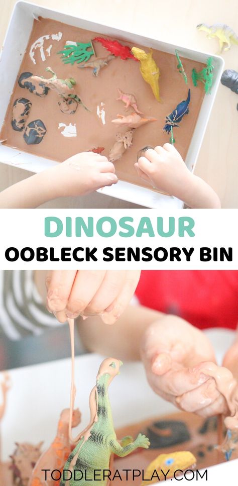 This Dinosaur Oobleck Sensory Bin is an easy and entertaining sensory play idea for kids.  #oobleck #sensorybin #sensoryplay #playandlearn Dinosaur Crafts Kids, Toy Dinosaurs, Homeschooling Activities, Sensory Play Toddlers, Sensory Games, Infant Sensory Activities, Dinosaur Play, Games To Play With Kids, Sensory Ideas